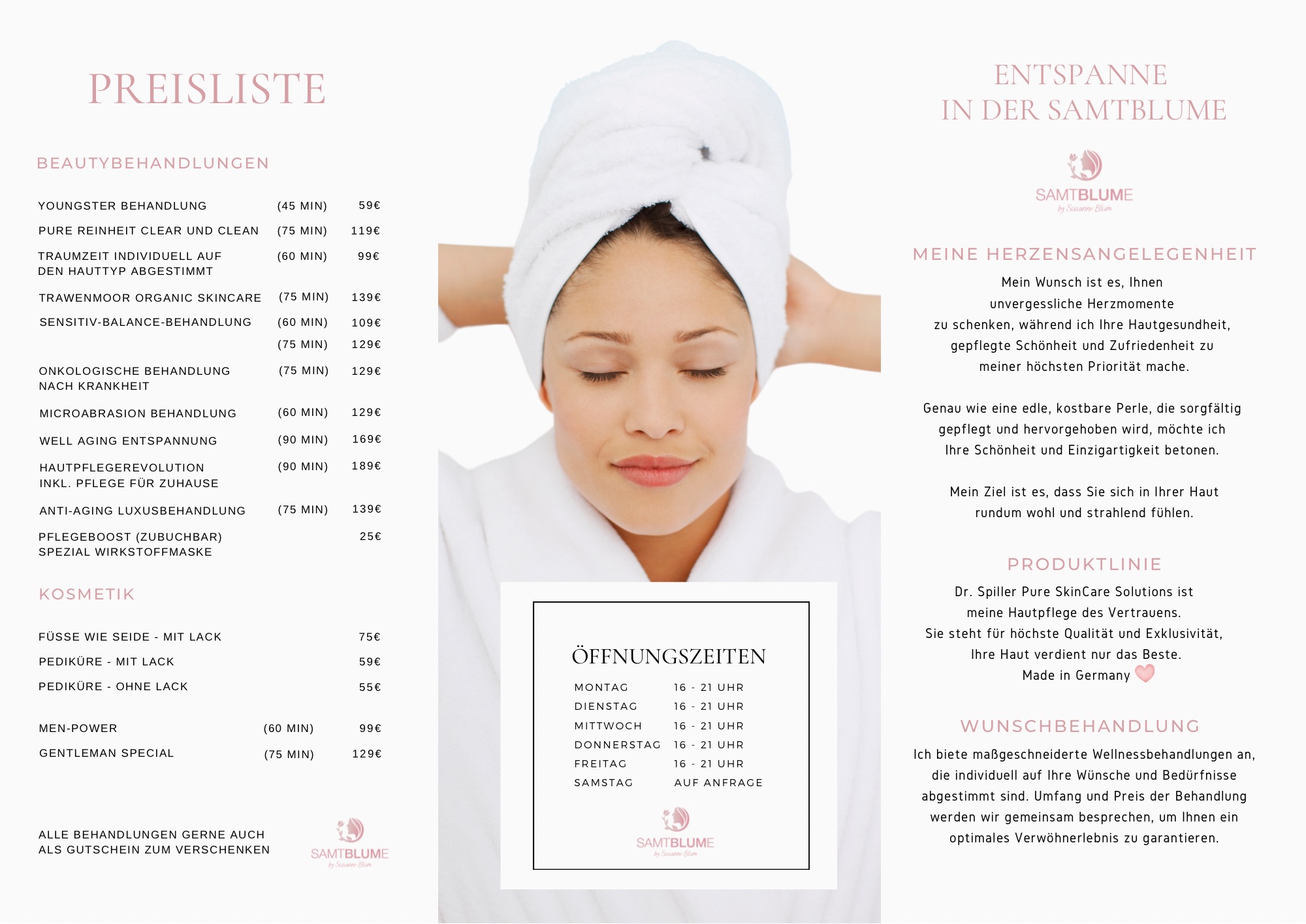 Aktueller Flyer für Behandlungen bei Samtblume Heidenheim